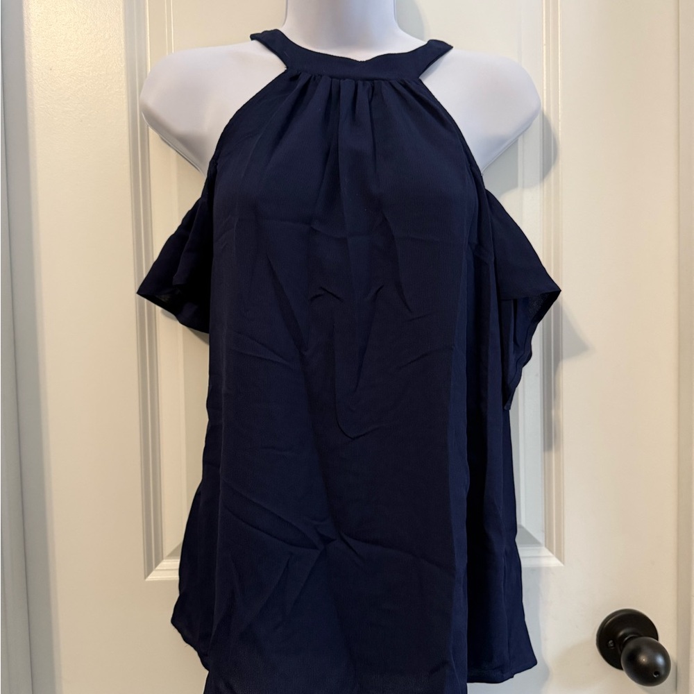 Ella Asymmetrical Ruffled Blue and White Tank Top